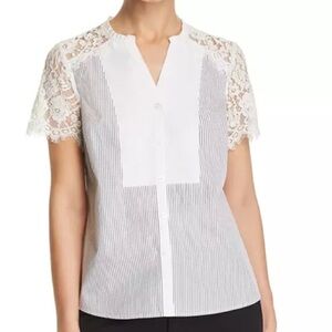 Karl Lagerfeld button down shirt, size L, cotton, blue pinstripes, lace sleeves